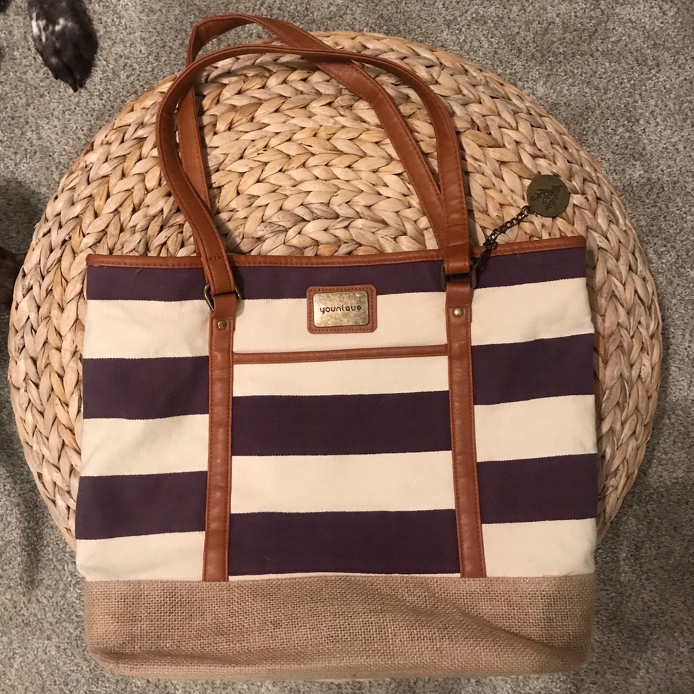 younique striped bag with burlap edges